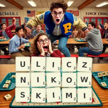 Kreatywna ilustracja do gry w Scrabble ze słowem ULICZNIKOWSKIMI ułożonym z płytek na planszy.
