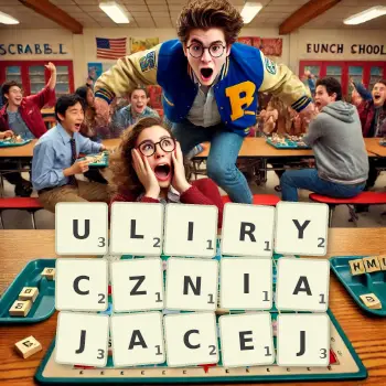 Kreatywna ilustracja do gry w Scrabble ze słowem ULIRYCZNIAJACEJ ułożonym z płytek na planszy.