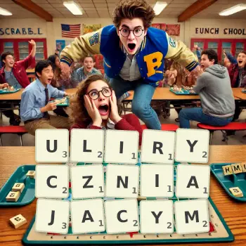 Kreatywna ilustracja do gry w Scrabble ze słowem ULIRYCZNIAJACYM ułożonym z płytek na planszy.