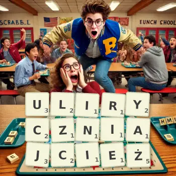 Kreatywna ilustracja do gry w Scrabble ze słowem ULIRYCZNIAJCIEŻ ułożonym z płytek na planszy.