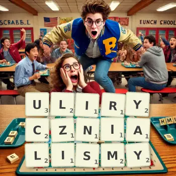 Kreatywna ilustracja do gry w Scrabble ze słowem ULIRYCZNIALISMY ułożonym z płytek na planszy.