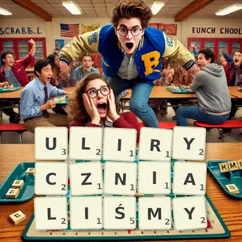 Kreatywna ilustracja do gry w Scrabble ze słowem ULIRYCZNIALIŚMY ułożonym z płytek na planszy.