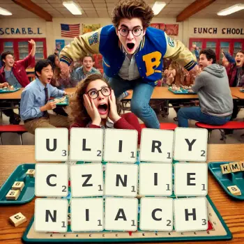 Kreatywna ilustracja do gry w Scrabble ze słowem ULIRYCZNIENIACH ułożonym z płytek na planszy.