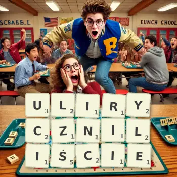 Kreatywna ilustracja do gry w Scrabble ze słowem ULIRYCZNILIŚCIE ułożonym z płytek na planszy.