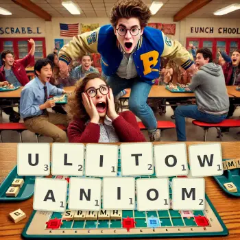 Kreatywna ilustracja do gry w Scrabble ze słowem ULITOWANIOM ułożonym z płytek na planszy.