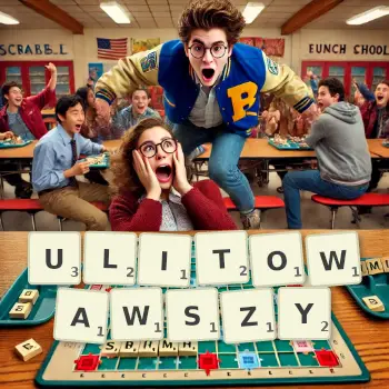 Kreatywna ilustracja do gry w Scrabble ze słowem ULITOWAWSZY ułożonym z płytek na planszy.