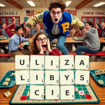 Kreatywna ilustracja do gry w Scrabble ze słowem ULIZALIBYSCIE ułożonym z płytek na planszy.