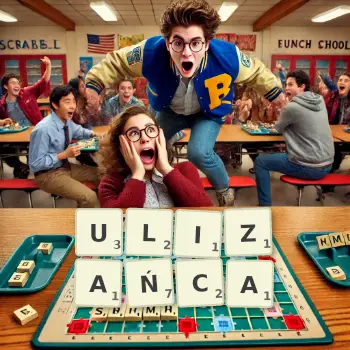 Kreatywna ilustracja do gry w Scrabble ze słowem ULIZAŃCA ułożonym z płytek na planszy.