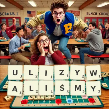Kreatywna ilustracja do gry w Scrabble ze słowem ULIZYWALIŚMY ułożonym z płytek na planszy.