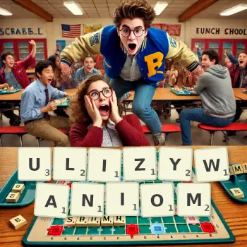 Kreatywna ilustracja do gry w Scrabble ze słowem ULIZYWANIOM ułożonym z płytek na planszy.