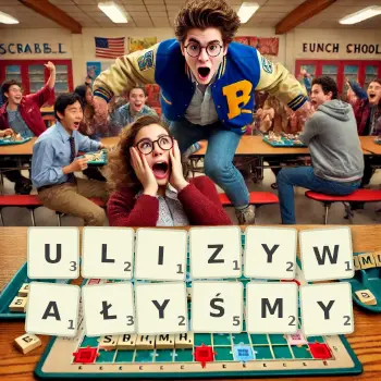 Kreatywna ilustracja do gry w Scrabble ze słowem ULIZYWAŁYŚMY ułożonym z płytek na planszy.