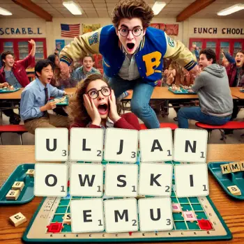 Kreatywna ilustracja do gry w Scrabble ze słowem ULJANOWSKIEMU ułożonym z płytek na planszy.