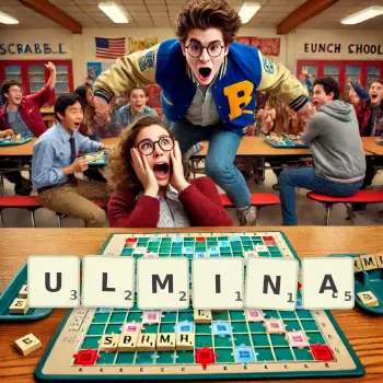 Kreatywna ilustracja do gry w Scrabble ze słowem ULMINĄ ułożonym z płytek na planszy.