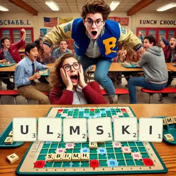 Kreatywna ilustracja do gry w Scrabble ze słowem ULMSKI ułożonym z płytek na planszy.