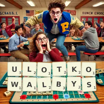 Kreatywna ilustracja do gry w Scrabble ze słowem ULOTKOWALBYS ułożonym z płytek na planszy.