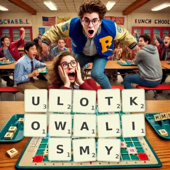 Kreatywna ilustracja do gry w Scrabble ze słowem ULOTKOWALISMY ułożonym z płytek na planszy.