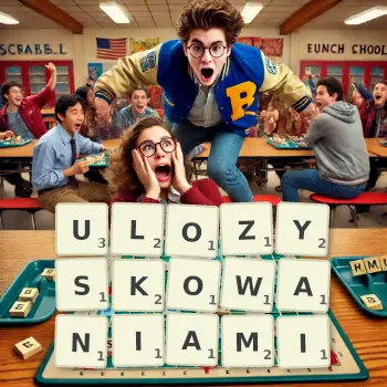 Kreatywna ilustracja do gry w Scrabble ze słowem ULOZYSKOWANIAMI ułożonym z płytek na planszy.