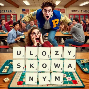 Kreatywna ilustracja do gry w Scrabble ze słowem ULOZYSKOWANYM ułożonym z płytek na planszy.