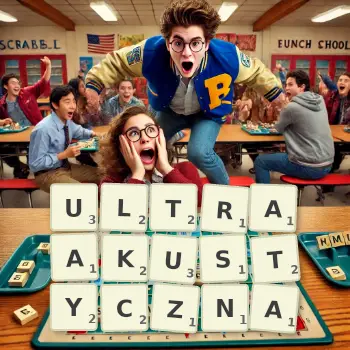 Kreatywna ilustracja do gry w Scrabble ze słowem ULTRAAKUSTYCZNA ułożonym z płytek na planszy.