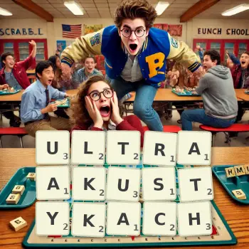 Kreatywna ilustracja do gry w Scrabble ze słowem ULTRAAKUSTYKACH ułożonym z płytek na planszy.