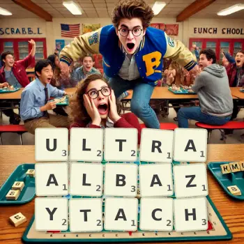 Kreatywna ilustracja do gry w Scrabble ze słowem ULTRAALBAZYTACH ułożonym z płytek na planszy.