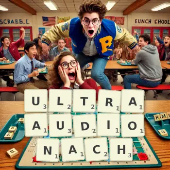 Kreatywna ilustracja do gry w Scrabble ze słowem ULTRAAUDIONACH ułożonym z płytek na planszy.