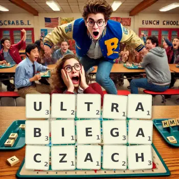 Kreatywna ilustracja do gry w Scrabble ze słowem ULTRABIEGACZACH ułożonym z płytek na planszy.