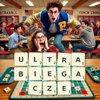 Kreatywna ilustracja do gry w Scrabble ze słowem ULTRABIEGACZE ułożonym z płytek na planszy.