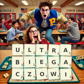 Kreatywna ilustracja do gry w Scrabble ze słowem ULTRABIEGACZOWI ułożonym z płytek na planszy.