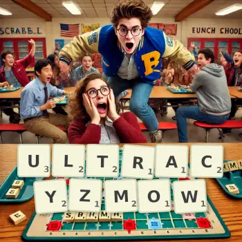 Kreatywna ilustracja do gry w Scrabble ze słowem ULTRACYZMOW ułożonym z płytek na planszy.