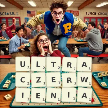 Kreatywna ilustracja do gry w Scrabble ze słowem ULTRACZERWIENIA ułożonym z płytek na planszy.