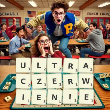 Kreatywna ilustracja do gry w Scrabble ze słowem ULTRACZERWIENIE ułożonym z płytek na planszy.