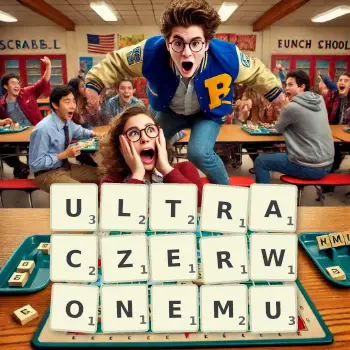 Kreatywna ilustracja do gry w Scrabble ze słowem ULTRACZERWONEMU ułożonym z płytek na planszy.