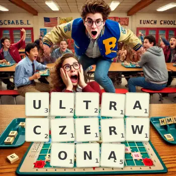 Kreatywna ilustracja do gry w Scrabble ze słowem ULTRACZERWONĄ ułożonym z płytek na planszy.