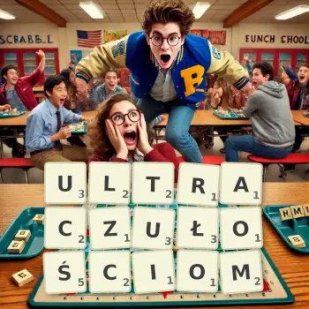 Kreatywna ilustracja do gry w Scrabble ze słowem ULTRACZUŁOŚCIOM ułożonym z płytek na planszy.