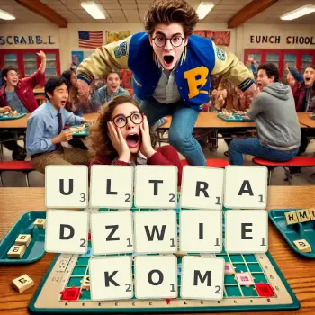 Kreatywna ilustracja do gry w Scrabble ze słowem ULTRADZWIEKOM ułożonym z płytek na planszy.