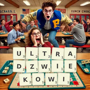 Kreatywna ilustracja do gry w Scrabble ze słowem ULTRADZWIEKOWI ułożonym z płytek na planszy.