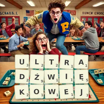 Kreatywna ilustracja do gry w Scrabble ze słowem ULTRADŹWIĘKOWEJ ułożonym z płytek na planszy.