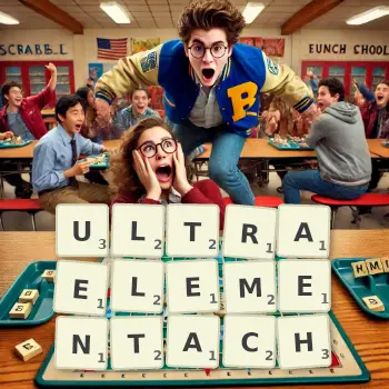 Kreatywna ilustracja do gry w Scrabble ze słowem ULTRAELEMENTACH ułożonym z płytek na planszy.