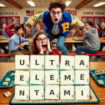 Kreatywna ilustracja do gry w Scrabble ze słowem ULTRAELEMENTAMI ułożonym z płytek na planszy.