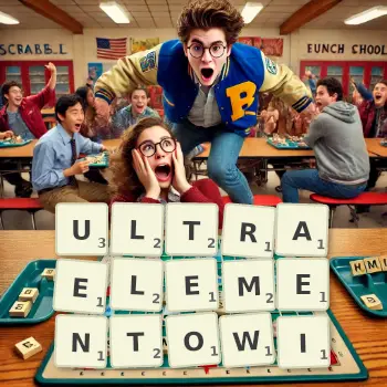 Kreatywna ilustracja do gry w Scrabble ze słowem ULTRAELEMENTOWI ułożonym z płytek na planszy.