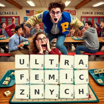 Kreatywna ilustracja do gry w Scrabble ze słowem ULTRAFEMICZNYCH ułożonym z płytek na planszy.