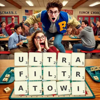 Kreatywna ilustracja do gry w Scrabble ze słowem ULTRAFILTRATOWI ułożonym z płytek na planszy.