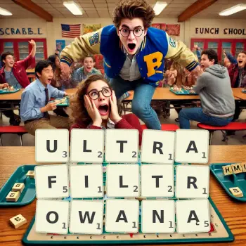 Kreatywna ilustracja do gry w Scrabble ze słowem ULTRAFILTROWANĄ ułożonym z płytek na planszy.
