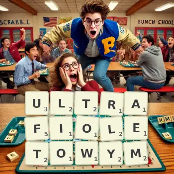 Kreatywna ilustracja do gry w Scrabble ze słowem ULTRAFIOLETOWYM ułożonym z płytek na planszy.