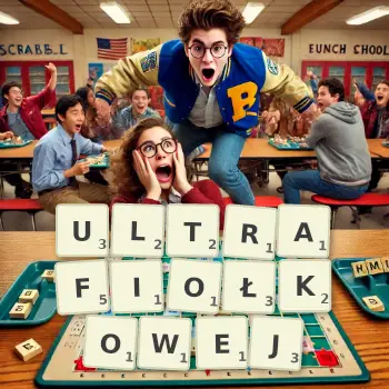 Kreatywna ilustracja do gry w Scrabble ze słowem ULTRAFIOŁKOWEJ ułożonym z płytek na planszy.