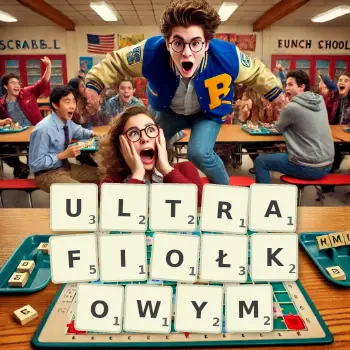 Kreatywna ilustracja do gry w Scrabble ze słowem ULTRAFIOŁKOWYM ułożonym z płytek na planszy.