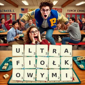 Kreatywna ilustracja do gry w Scrabble ze słowem ULTRAFIOŁKOWYMI ułożonym z płytek na planszy.