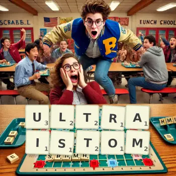 Kreatywna ilustracja do gry w Scrabble ze słowem ULTRAISTOM ułożonym z płytek na planszy.