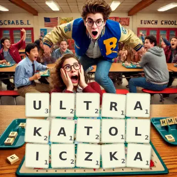 Kreatywna ilustracja do gry w Scrabble ze słowem ULTRAKATOLICZKA ułożonym z płytek na planszy.